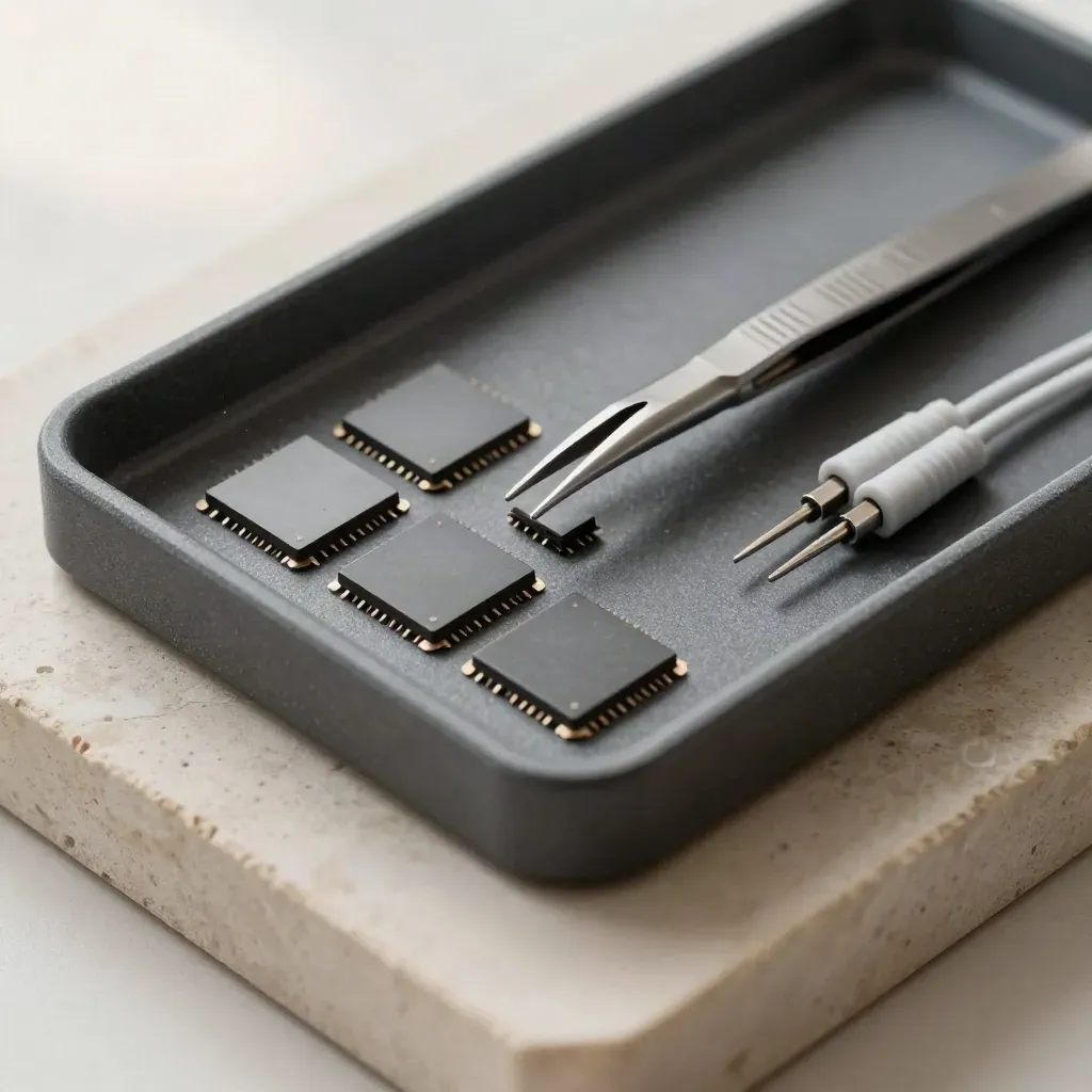 Macro still life of electronics test tools in a graphite tray on pale stone.