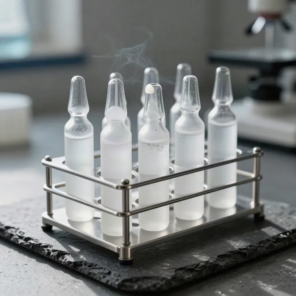 Frosted lab vials and a stainless rack on dark concrete under dramatic studio light.