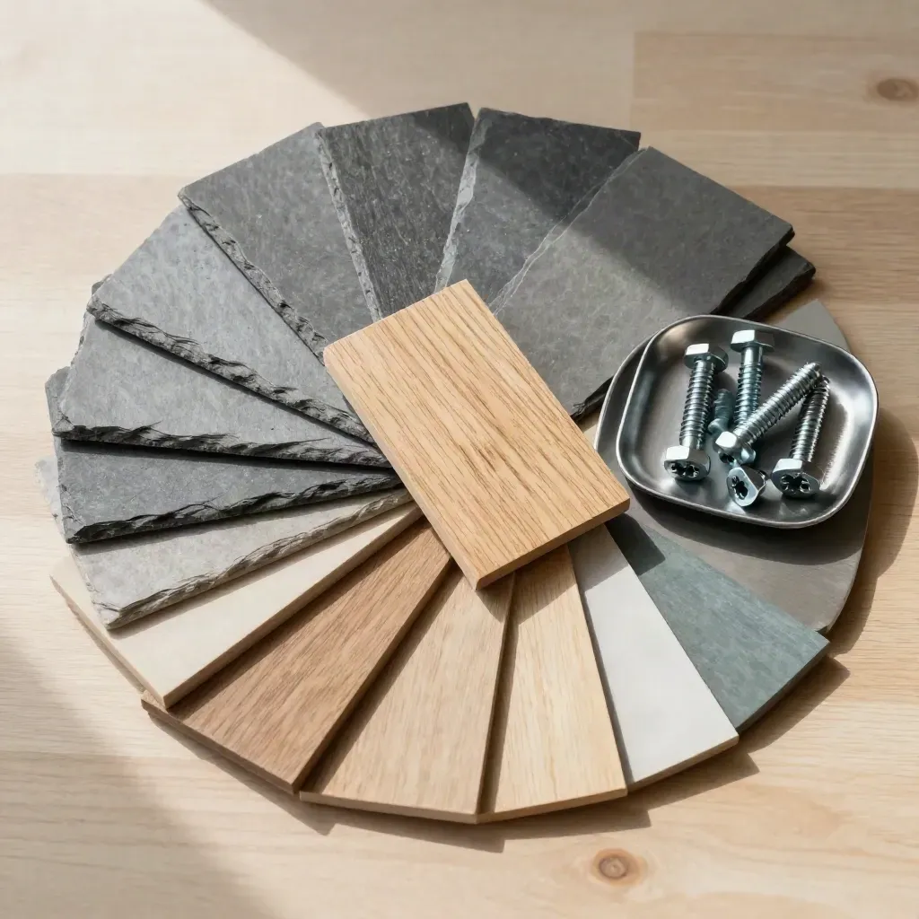 Overhead architecture material samples: slate tiles, oak swatches, and steel fasteners on pale wood.