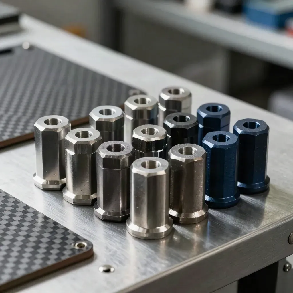 Machined spacers and a carbon-fiber plate on brushed metal in a precision hardware still life.