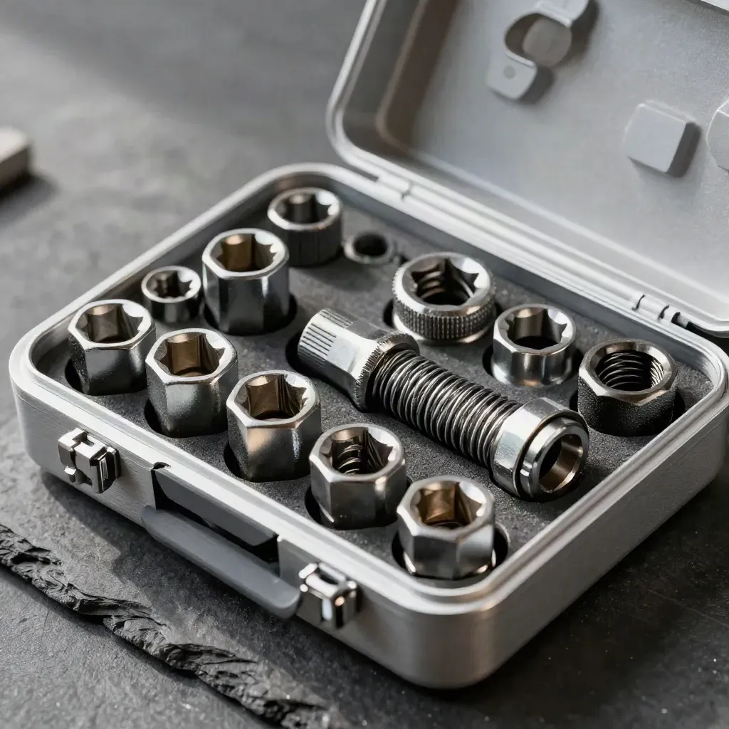 Torque sockets, safety wire spool, and alloy fitting case open on charcoal stone