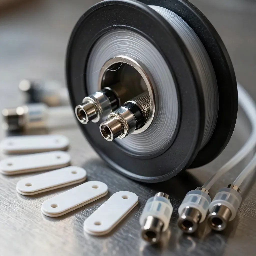 Fiber couplers and a compact cable reel on brushed steel, lit in a dramatic macro still life.