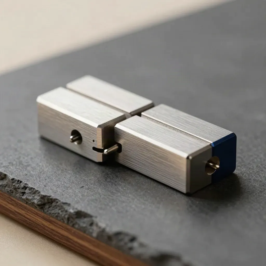 Two anodized aluminum blocks joined mid-slide with spacer pins on a graphite surface.
