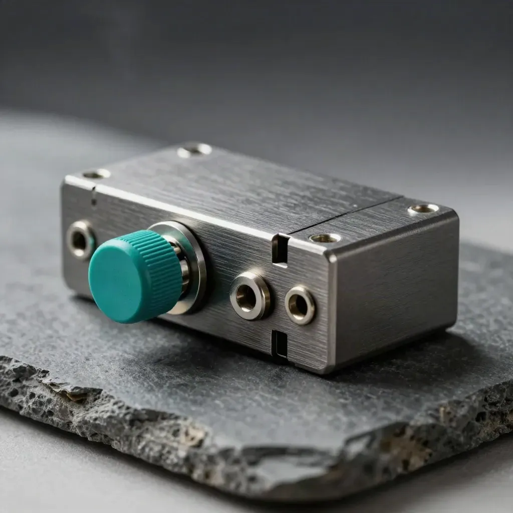 Stepped relay module with teal toggle cap and washers on graphite stone under dramatic studio light.