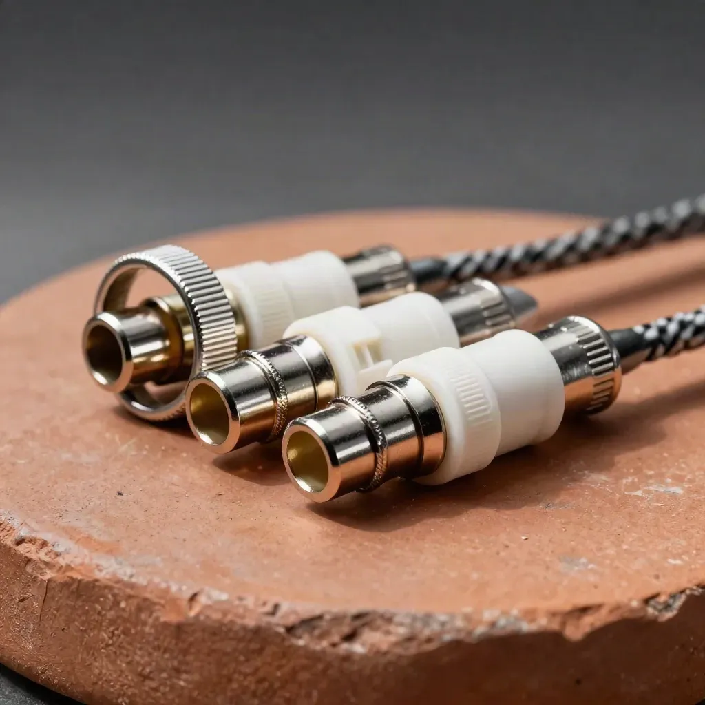 Macro of connector ends, braided lead, and coupler ring on terracotta stone.