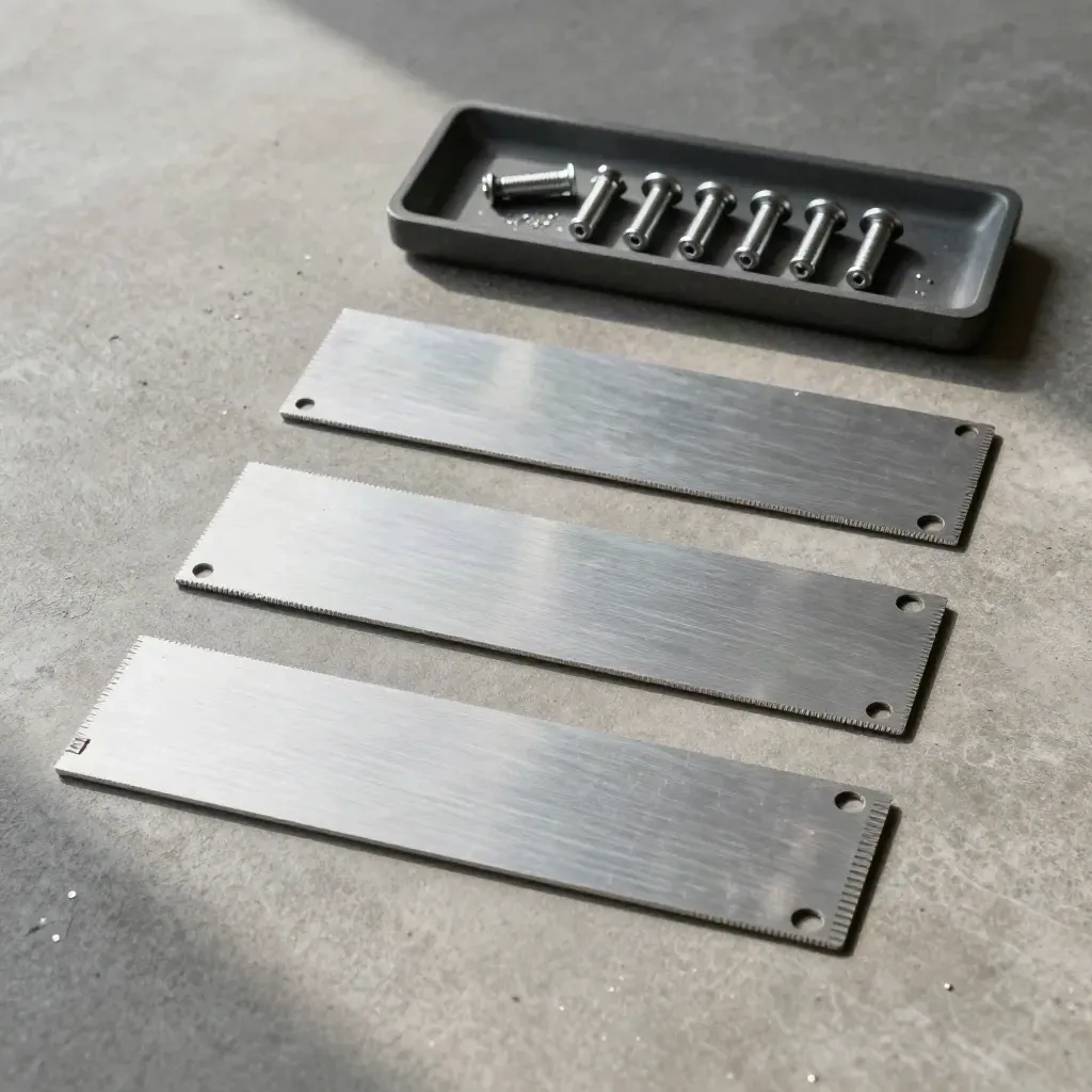 Overhead still life of aluminum template plates and fasteners on concrete in soft daylight.