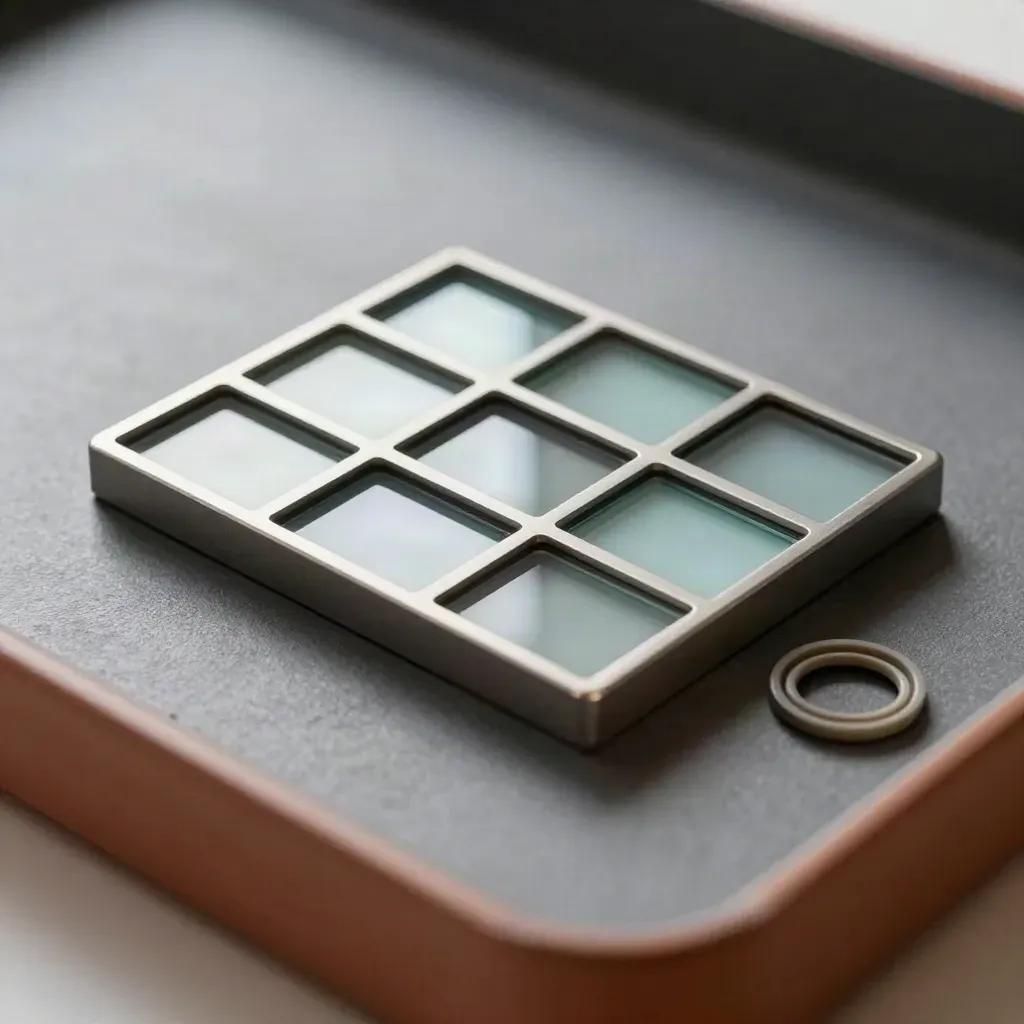 Macro grid of modular indicator lenses and bezel tiles on a graphite surface with teal accents