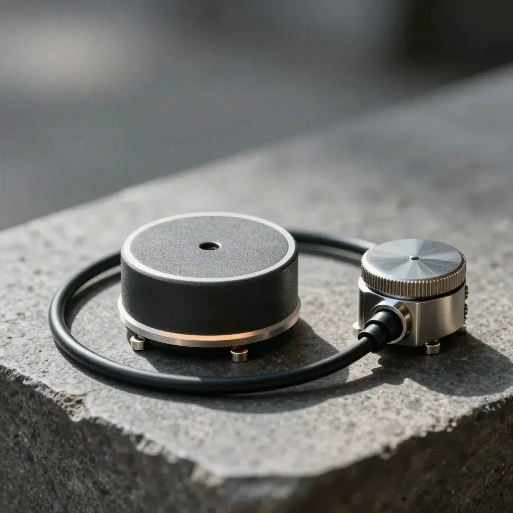 Sensor puck, probe lead, and monitoring unit on dark stone with dramatic studio light.