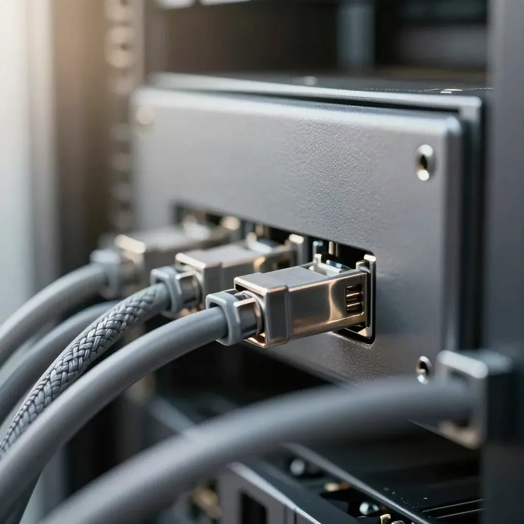 Extreme macro of rack panel, Ethernet loom, and cable clips through a blurred foreground coil.