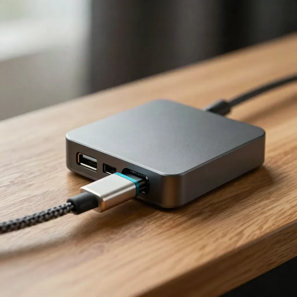 Mini PC shell, USB-C adapter, microSD case and braided cable ends on warm oak in soft macro light.