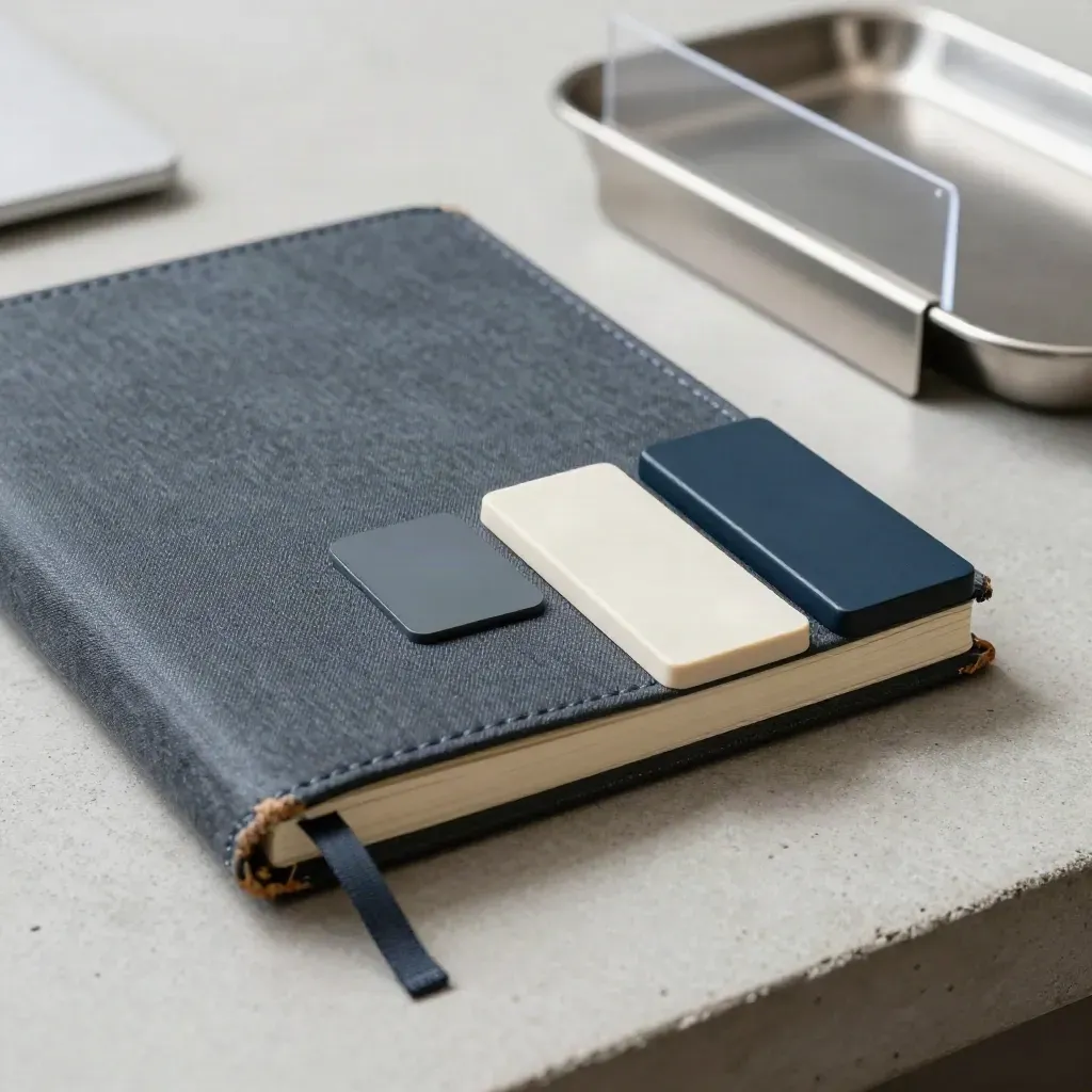 Top-down still life of Product Ops tokens, notebook, clip rail and tray on pale concrete.