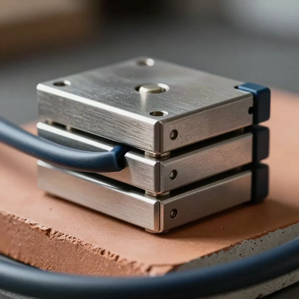 Three stacked metal modules with a sensor puck on clay, lit by skimming light.