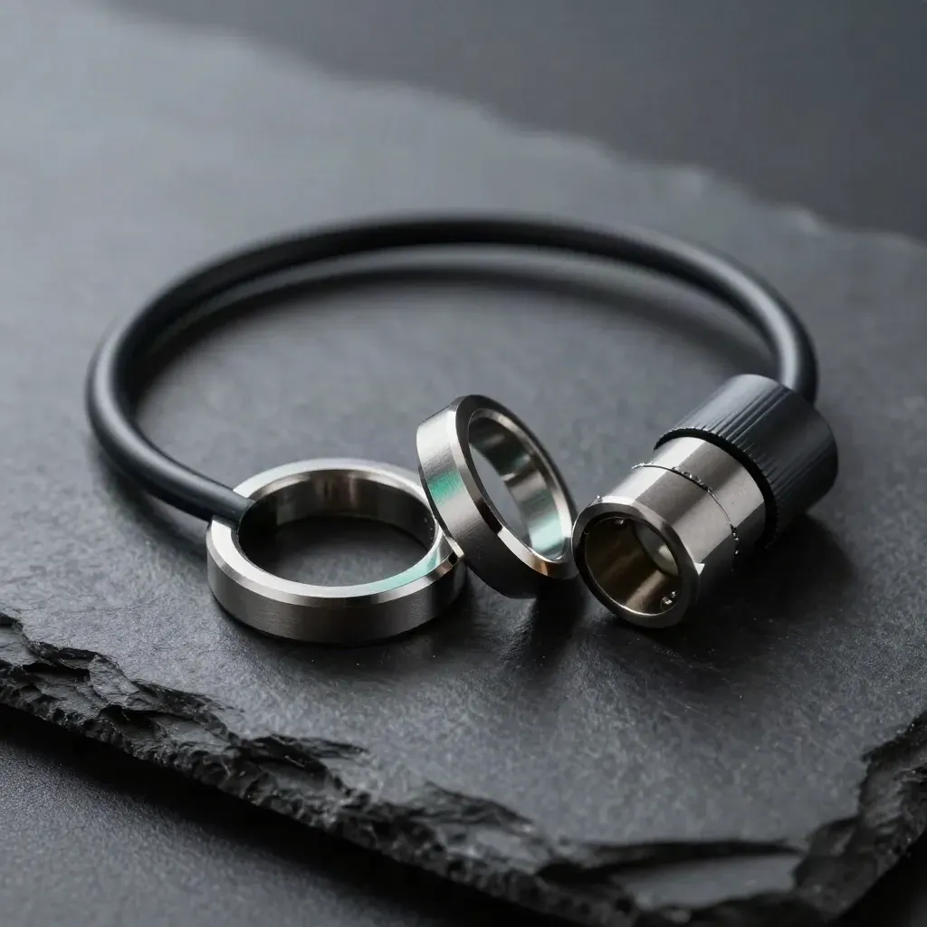 Macro still life of linked metal rings, cable loop, and coupler pair on dark slate.