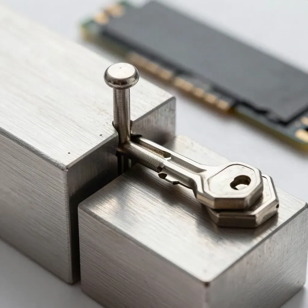 Aluminum blocks, a bridge pin, and nested hex keys on brushed steel under dramatic side light.