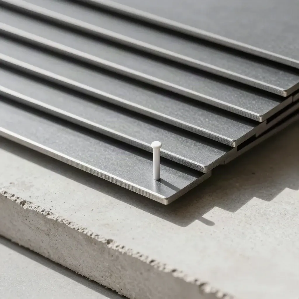 Diagonal row of matte plates and a white alignment pin on pale concrete, lit from upper left.