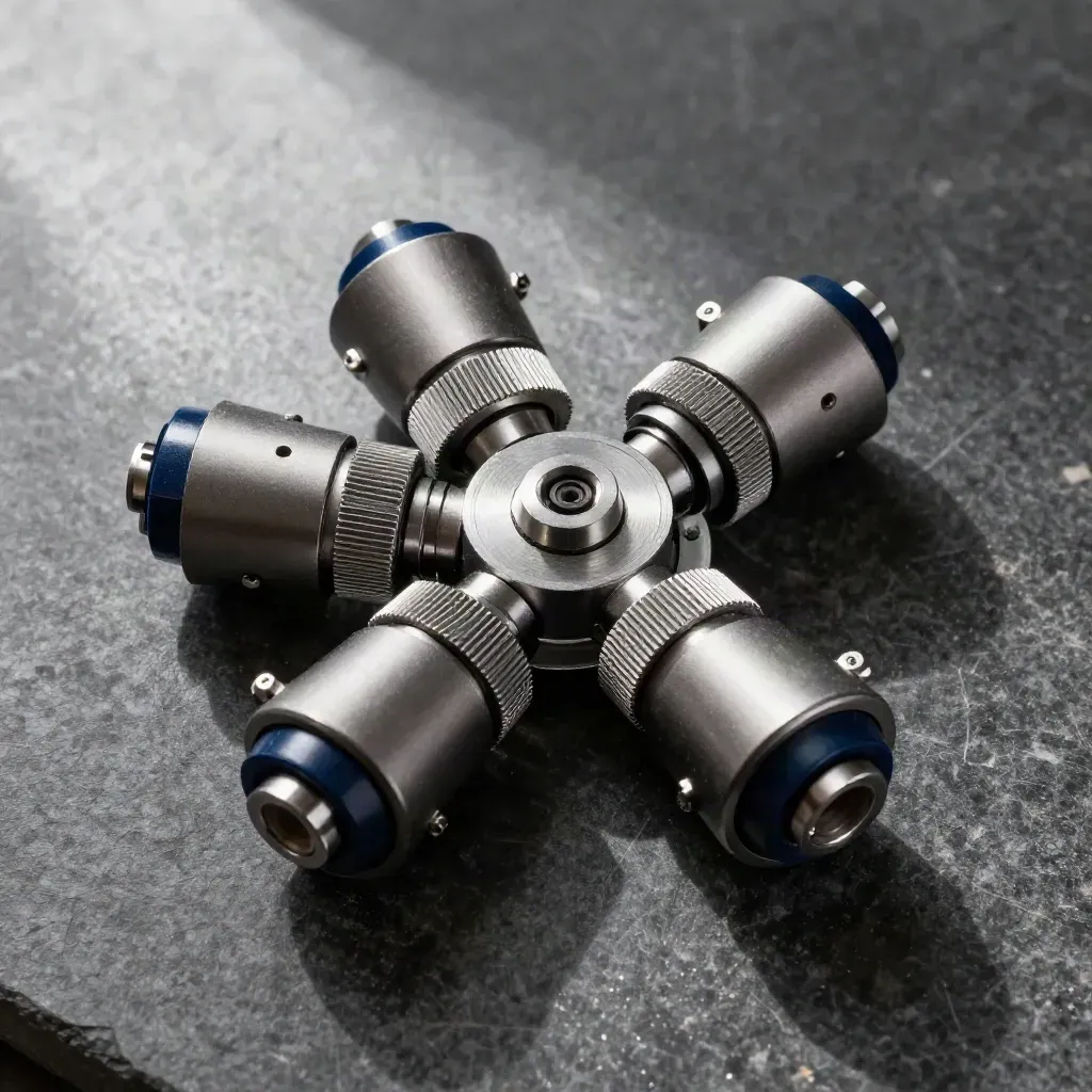 Overhead still life of linked sensor probes and a mesh coupler on dark stone.