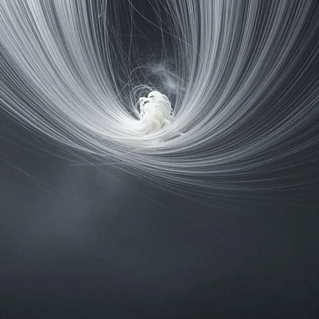 Silver filaments converge into a soft white bloom over dark graphite haze, with empty space for copy.